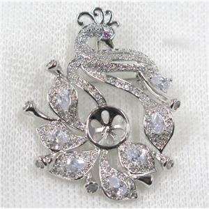 copper peacock brooch paved zircon, platinum gold, approx 30-45mm [FDZN1594]