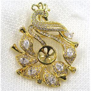 copper peacock brooch paved zircon, gold plated, approx 30-45mm [FDZN1595]