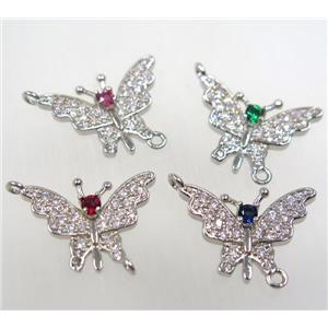 copper butterfly connector paved zircon, platinum plated, mix, approx 15-20mm [FDZN1623]
