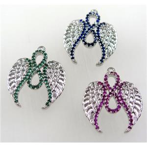 copper pendant paved zircon, wing, mix color, approx 20-23mm [FDZN1626]