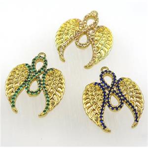 copper pendant paved zircon, wing, mix color, approx 20-23mm [FDZN1627]