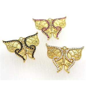 copper butterlfy pendant paved zircon with 2loops, gold plated, mix, approx 21-24mm [FDZN1630]