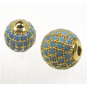 round copper beads pave zircon, turq, gold plated, approx 10mm dia [FDZN1675-10MM]