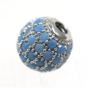 round copper beads pave zircon, platinum plated, turq, approx 10mm dia [FDZN1677-10MM]