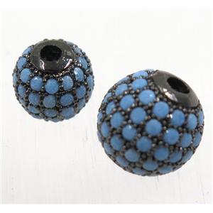 round copper beads pave zircon, black plated, turq, approx 10mm dia [FDZN1678-10MM]