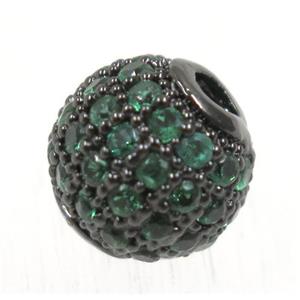round copper beads pave green zircon, black plated, approx 10mm dia [FDZN1679-10MM]