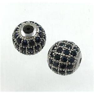 round copper beads pave black zircon, platinum plated, approx 10mm dia [FDZN1688-10MM]