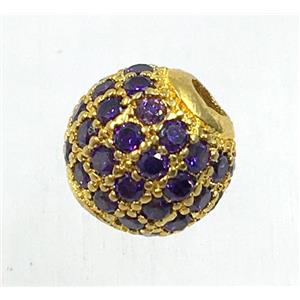 round copper beads pave zircon, gold plated, approx 10mm dia [FDZN1694-10MM]