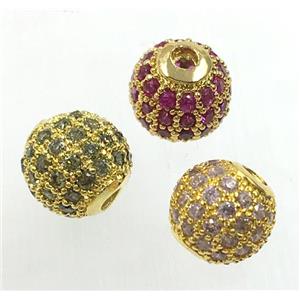 round copper beads pave zircon, gold plated, mix, approx 6mm dia [FDZN1704-6MM]