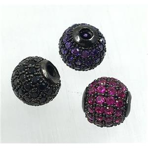 round copper beads pave zircon, black plated, mix color, approx 10mm dia [FDZN1705-10MM]