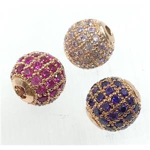 round copper beads pave zircon, gold plated, mix, approx 10mm dia [FDZN1706-10MM]