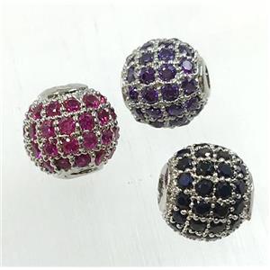 round copper beads pave zircon, platinum plated, mix, approx 10mm dia [FDZN1707-10MM]