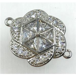 copper flower connector pave zircon, platinum plated, approx 18-20mm [FDZN1736]
