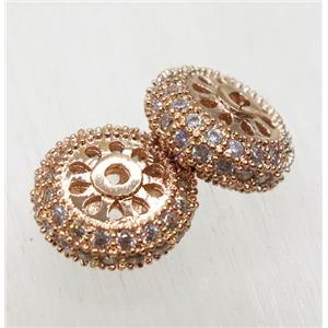 copper rondelle beads paved zircon, rose gold, approx 10mm dia [FDZN1760-10MM]