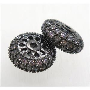copper rondelle beads paved zircon, black plated, approx 10mm dia [FDZN1762-10MM]