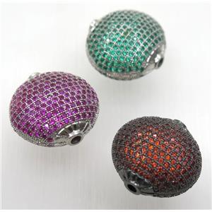 copper bead paved zircon, flat round, mix color, approx 15mm dia [FDZN1771-15MM]