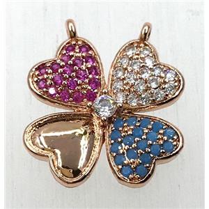copper clover pendant paved zircon with 2loops, rose gold, approx 14-16mm [FDZN1840]