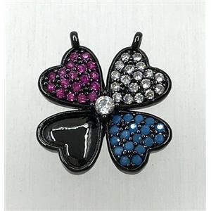 copper clover pendant paved zircon with 2loops, black plated, approx 14-16mm [FDZN1841]