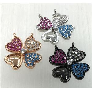 copper clover pendant paved zircon with 2loops, mix color, approx 14-16mm [FDZN1843]
