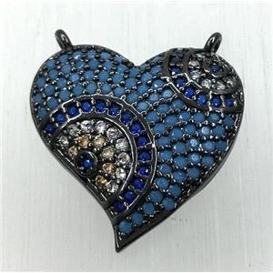 copper heart pendant paved zircon with 2loops, black plated, approx 18-22mm [FDZN1845]