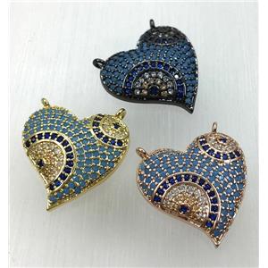 copper heart pendant paved zircon with 2loops, mix color, approx 18-22mm [FDZN1848]