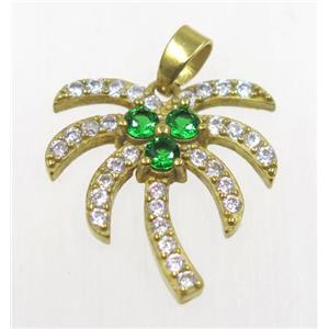 raw Brass coconut tree pendant paved zircon, approx 18x20mm [FDZN1907]