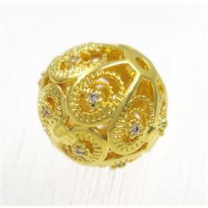 round copper beads pave zircon, gold plated, approx 12mm dia [FDZN1920-12MM]