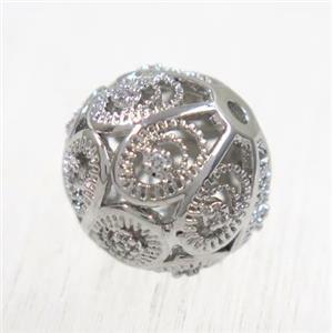 round copper beads pave zircon, platinum plated, approx 10mm dia [FDZN1921-10MM]