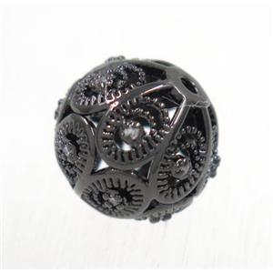 round copper beads pave zircon, black plated, approx 12mm dia [FDZN1922-12MM]