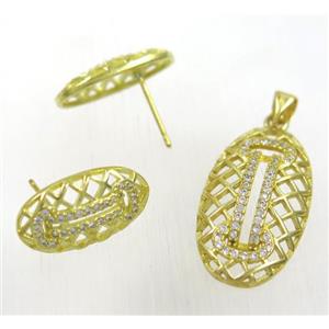 Raw Brass pendant and earring studs paved zircon, approx 14x26mm, 10x18mm [FDZN1925]