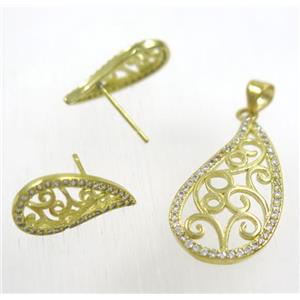 Raw Brass pendant and earring studs paved zircon, approx 15x28mm, 10x18mm [FDZN1926]