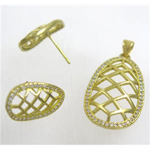 Raw Brass pendant and earring studs paved zircon, approx 16x26mm, 11x18mm [FDZN1927]