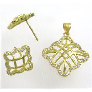 Raw Brass pendant and earring studs paved zircon, approx 22mm, 15mm dia [FDZN1928]