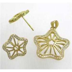 Raw Brass pendant and earring studs paved zircon, approx 22mm, 15mm dia [FDZN1929]