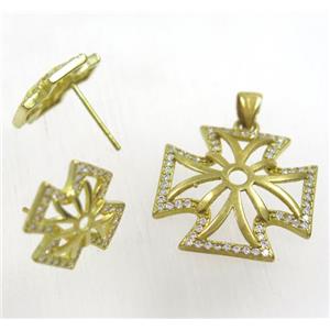 Raw Brass pendant and earring studs paved zircon, approx 20x20mm, 14x14mm [FDZN1930]