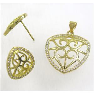 Raw Brass pendant and earring studs paved zircon, approx 21mm, 14mm [FDZN1931]