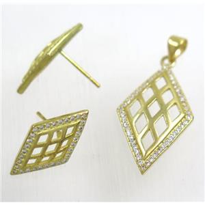Raw Brass pendant and earring studs paved zircon, approx 15x28mm, 11x20mm [FDZN1932]
