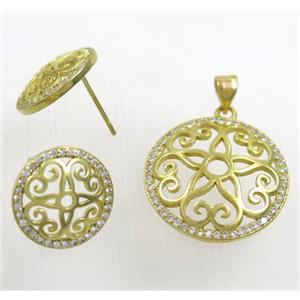 Raw Brass pendant and earring studs paved zircon, approx 21mm, 15mm dia [FDZN1933]