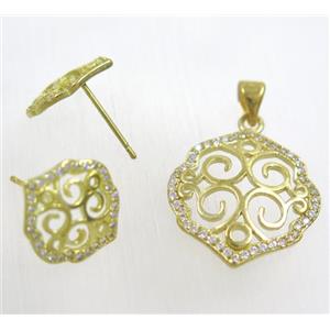 Raw Brass pendant and earring studs paved zircon, approx 19x21mm, 14mm [FDZN1934]