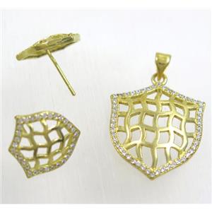 Raw Brass pendant and earring studs paved zircon, approx 20x23mm, 13x15mm [FDZN1935]