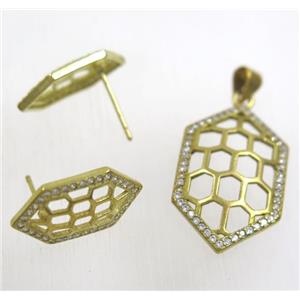 Raw Brass pendant and earring studs paved zircon, approx 16x28mm, 11x19mm [FDZN1936]