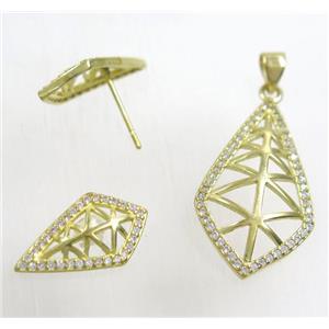 Raw Brass pendant and earring studs paved zircon, approx 16x29mm, 10x19mm [FDZN1937]