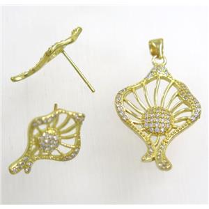 Raw Brass pendant and earring studs paved zircon, approx 20x30mm, 14x20mm [FDZN1938]