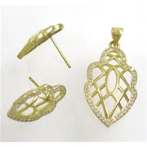 Raw Brass pendant and earring studs paved zircon, approx 15x27mm, 10x18mm [FDZN1939]