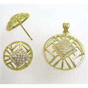 Raw Brass pendant and earring studs paved zircon, approx 21mm, 15mm dia [FDZN1940]