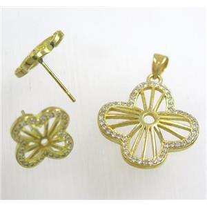 Raw Brass pendant and earring studs paved zircon, approx 21mm, 15mm dia [FDZN1941]