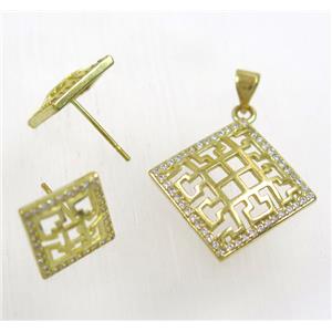 Raw Brass pendant and earring studs paved zircon, approx 22mm, 15mm dia [FDZN1943]