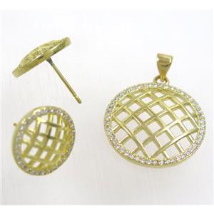 Raw Brass pendant and earring studs paved zircon, approx 21mm, 14mm dia [FDZN1944]