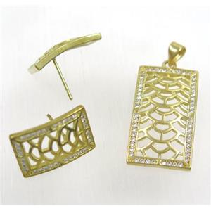 Raw Brass pendant and earring studs paved zircon, approx 14x27mm, 11x17mm [FDZN1945]
