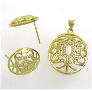 Raw Brass pendant and earring studs paved zircon, approx 19x23mm, 13x15mm [FDZN1946]